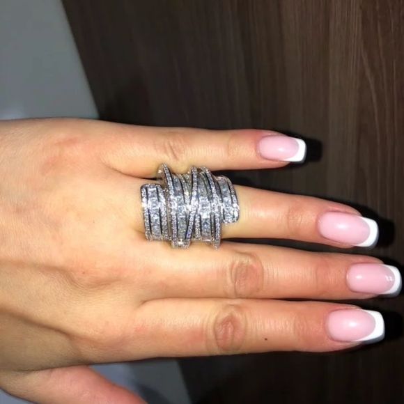 Platinum Plated Simulated Diamonds Eternity Ring - Picture 2 of 10